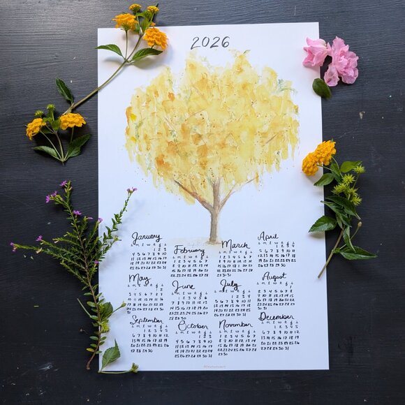 Golden Watercolor Tree 2026 Calendar Poster: Home Office Decor - Picture 1 of 6
